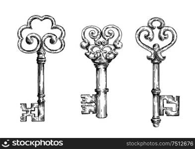 Vintage decorative keys with ornamental bows, adorned by swirls and forged elements. Sketch style. Sketch of vintage keys with curly elements