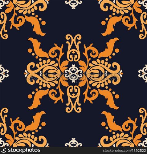 Vintage decorative ornament. Damask vector seamless pattern. Blue, orange color. Vector graphic vintage pattern. For fabric, tile, wallpaper or packaging.