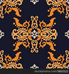 Vintage decorative ornament. Damask vector seamless pattern. Blue, orange color. Vector graphic vintage pattern. For fabric, tile, wallpaper or packaging.