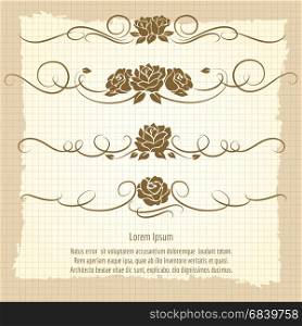 Vintage decorative ornaments with roses. Elegance decorative ornaments with roses on vintage notebook background. Vector illustration