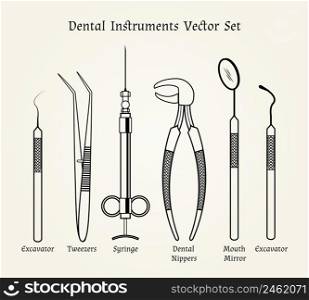 Vintage dentist tools. Medical equipment in retro style. Dental mirror, nippers and syringe, tweezers and exacavator, vector illustration. Vintage dentist tools. Medical equipment in retro style