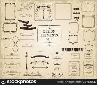 Vintage design elements collection with ribbons frames borders elegant decorations ornaments on light background isolated vector illustration . Vintage Design Elements Collection