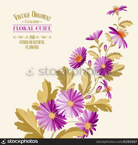 Vintage design with chrysanthemum flower head isolated over white. Vector illustration.