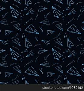 Vintage design with paper airplane seamless pattern on dark blue background. Vector cartoon illustration. Modern color origami wallpaper, abstract backdrop. . Paper airplane seamless pattern