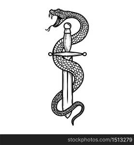 Vintage design with snake on dagger. For poster, banner, emblem, sign, logo. Vector illustration