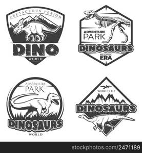 Vintage dinosaur logos with ancient creatures of jurassic and cretaceous periods in monochrome style isolated vector illustration. Vintage Dinosaur Logos