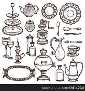Vintage dishes set with coffee pot milk can spoons cups and silver tray doodle sketch vector illustration. Dishes doodle sketch set print