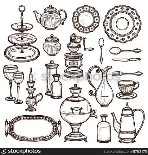Vintage dishes set with coffee pot milk can spoons cups and silver tray doodle sketch vector illustration