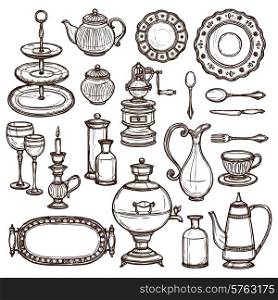 Vintage dishes set with coffee pot milk can spoons cups and silver tray doodle sketch vector illustration