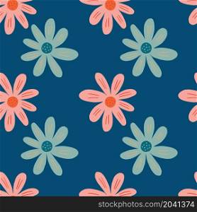 Vintage ditsy seamless pattern on blue background. Cute chamomile print. Floral ornament. Pretty botanical backdrop. Design for fabric , textile print, surface, wrapping, cover. Vector illustration.. Vintage ditsy seamless pattern on blue background. Cute chamomile print. Floral ornament.