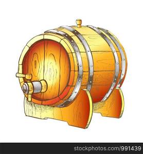 Vintage Drawn Barrel With Tap For Liquid Vector. Lying On Wooden Stand Brewing Equipment For Production, Storaging And Shipping Beer To Pub Tavern. Closeup Object Color Illustration. Vintage Drawn Barrel With Tap For Liquid Color Vector