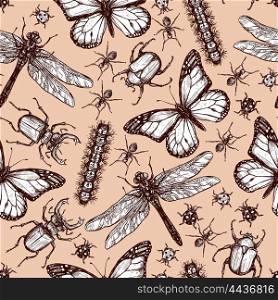 Vintage Drawn Insect Seamless Pattern. Vintage hand drawn sketch of different insects dragonfly butterfly beetle seamless pattern vector illustration