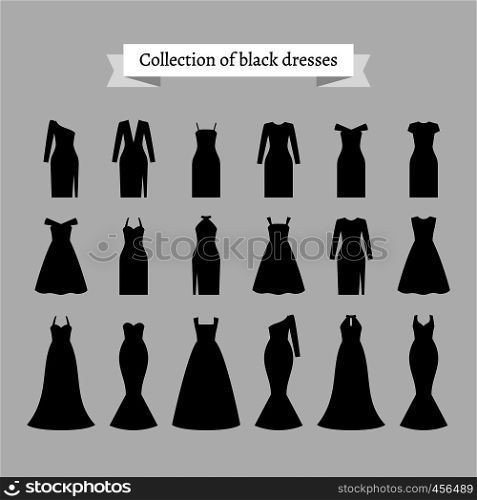 Vintage dresses vector. Black retro dresses silhouettes. Black retro dresses silhouettes