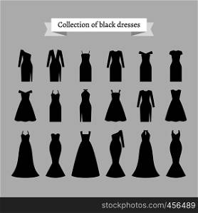 Vintage dresses vector. Black retro dresses silhouettes. Black retro dresses silhouettes
