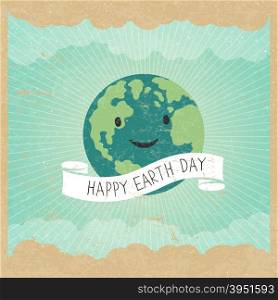 Vintage Earth Day Poster. Cartoon Earth Illustration. Rays, clouds, sky. Text on white ribbon. On old paper texture. Grunge layers easily edited.