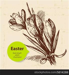Vintage Easter background with hand drawn sketch illustration and sticker