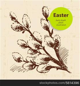 Vintage Easter background with hand drawn sketch illustration and sticker