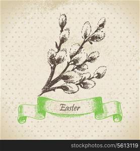 Vintage Easter background with pussy-willow. Hand drawn illustration