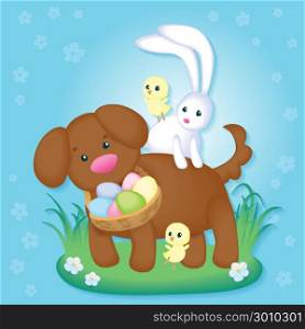 Vintage Easter card with cute puppy, chickens and Easter bunny.