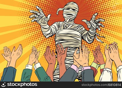 Vintage Egyptian mummy horror movie and Halloween, pop art retro vector illustration. The audience applause