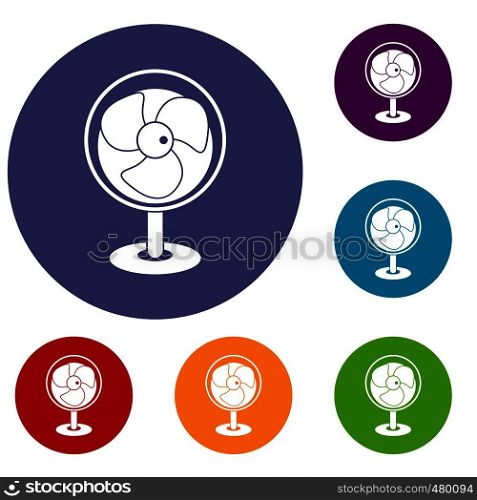 Vintage electric fan icons set in flat circle red, blue and green color for web. Vintage electric fan icons set