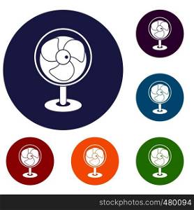 Vintage electric fan icons set in flat circle red, blue and green color for web. Vintage electric fan icons set