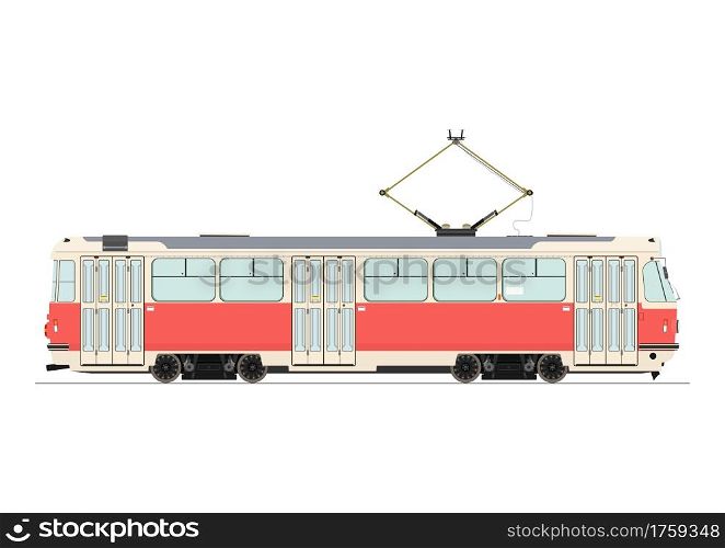 Vintage electric tram. Side view. Flat vector.