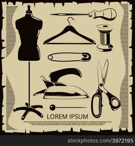Vintage elements for tailor labels - scissors, dummy, thread, pins in retro style. Vector illustration. Vintage elements for tailor labels - scissors, dummy, thread, pins