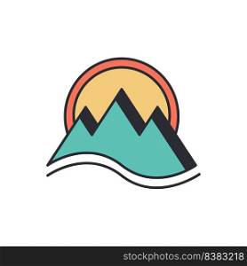 Vintage emblem mountains on sunset background vector. Logo hiking and climbing isolated illustration. Color icon expedition and travel. Vintage emblem mountains on sunset background vector