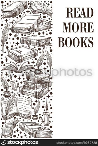 Vintage emblem or banner, read more books. Club or library slogan, monochrome sketch outline. School or university bookworm, invitation card or bookstore advertisements. Vector in flat style. Read more books, vintage banner with textbooks