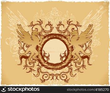 vintage emblem with griffin, floral and wing
