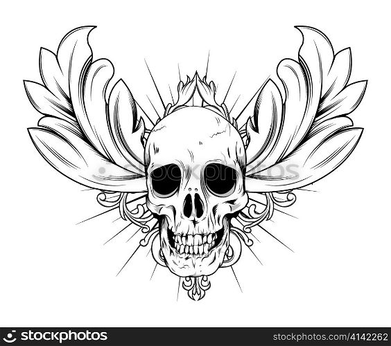vintage emblem with skull, floral and ray