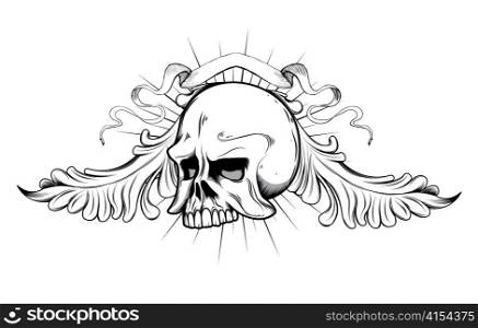 vintage emblem with skull, floral and ribbon