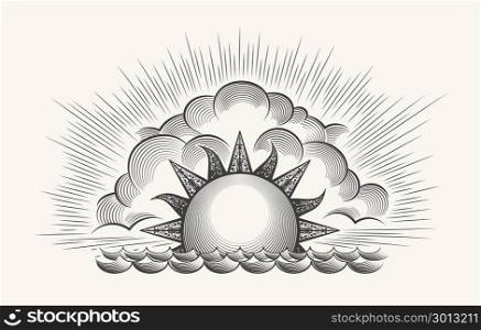 Vintage engraved sun with waves. Sunrise engraving illustration. Vintage engraved sky vector with waves texture and rising sun etching on white background