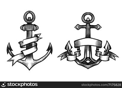 Vintage engraving anchors in black and white color with paper ribbon. Outline hand drawn illustration. Vector element for tattoos, print for t-shirts, coloring, emblems and for your design.. Vintage engraving anchors in black and white color with paper ribbon.