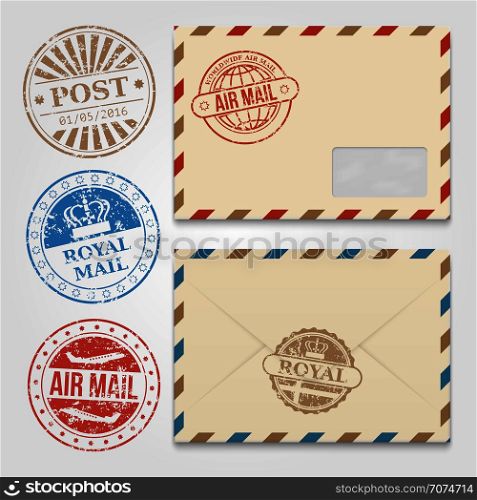 Vintage envelopes template with grunge postal stamps. Envelope with stamp air mail. Vector illustration. Vintage envelopes template with grunge postal stamps