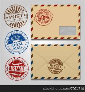 Vintage envelopes template with grunge postal stamps. Envelope with stamp air mail. Vector illustration. Vintage envelopes template with grunge postal stamps