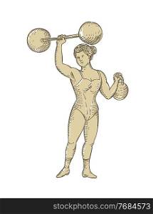 Vintage etching engraving handmade style illustration of a female strongman or circus strongwoman performer lifting barbell on one hand and kettlebell on the other hand on isolated white background.. Vintage Circus Strongwoman Female or Lady Strongman Lifting Barbell on One Hand and Kettlebell in Etching Engraving Style 