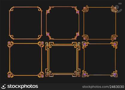 Vintage fantasy golden frames for rpg game ui design. Vector cartoon set of empty square banners with fancy golden border in medieval style and purple gems isolated on black background. Vintage fantasy golden frames for rpg game