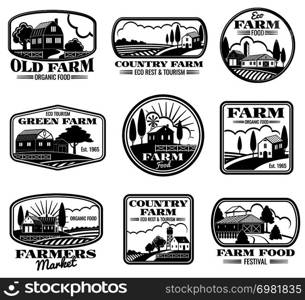 Vintage farm marketing vector logos and labels set. Eco farm and country farm production illustration. Vintage farm marketing vector logos and labels set