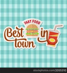 Vintage fast food badge, banner or logo emblem. Elements on the theme of the fast food business. Burger, cola, design, sticker or emblem. For fast food flyer, poster, banner or t-shirt.. Vintage fast food badge, banner or logo emblem.