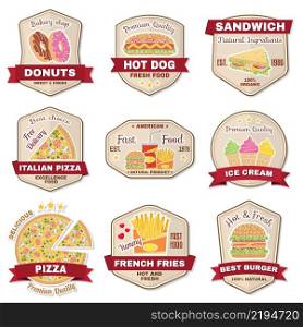 Vintage fast food badge, banner or logo emblem. Elements on the theme of the fast food business. Hamburger, pizza, donuts, hot dog, ice cream,cola, french fries design, sticker or emblem.. Set of vintage fast food badge, banner or logo emblem.