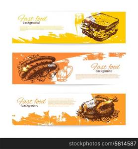 Vintage fast food banners. Background with hand drawn illustrations. Menu design