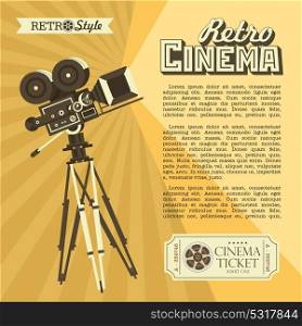 Vintage film camera. Poster in vintage style with place for text. Retro cinema. Design vintage cinema tickets.