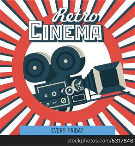 Vintage film camera. Vector poster retro movie theater. Vector illustration on colorful background.
