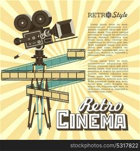 Vintage film camera. Vector poster retro movie theater with place for text. Vintage film reel, vector logo.
