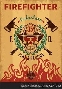 Vintage firefighter poster with skull in helmet flame laurel wreath and crossed axes vector illustration. Vintage Firefighter Poster