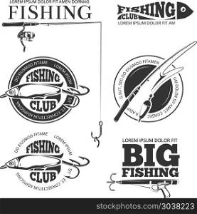 Vintage fishing vector labels, logos, emblems set. Vintage fishing vector labels, logos, emblems set. Hobby fishing logo and logotype fishing with spinning and float illustration