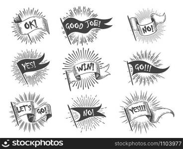Vintage flag banner set. Hand drawn retro flags Ok, lets go, Yes, No scroll banners with starburst rays isolated. Vector illustration.