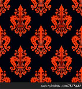 Vintage fleur-de-lis pattern with seamless orange floral compositions of french heraldic lilies adorned by swirls and tendrils over navy blue background. Great for wallpaper or interior textile design. Orange french fleur-de-lis seamless pattern